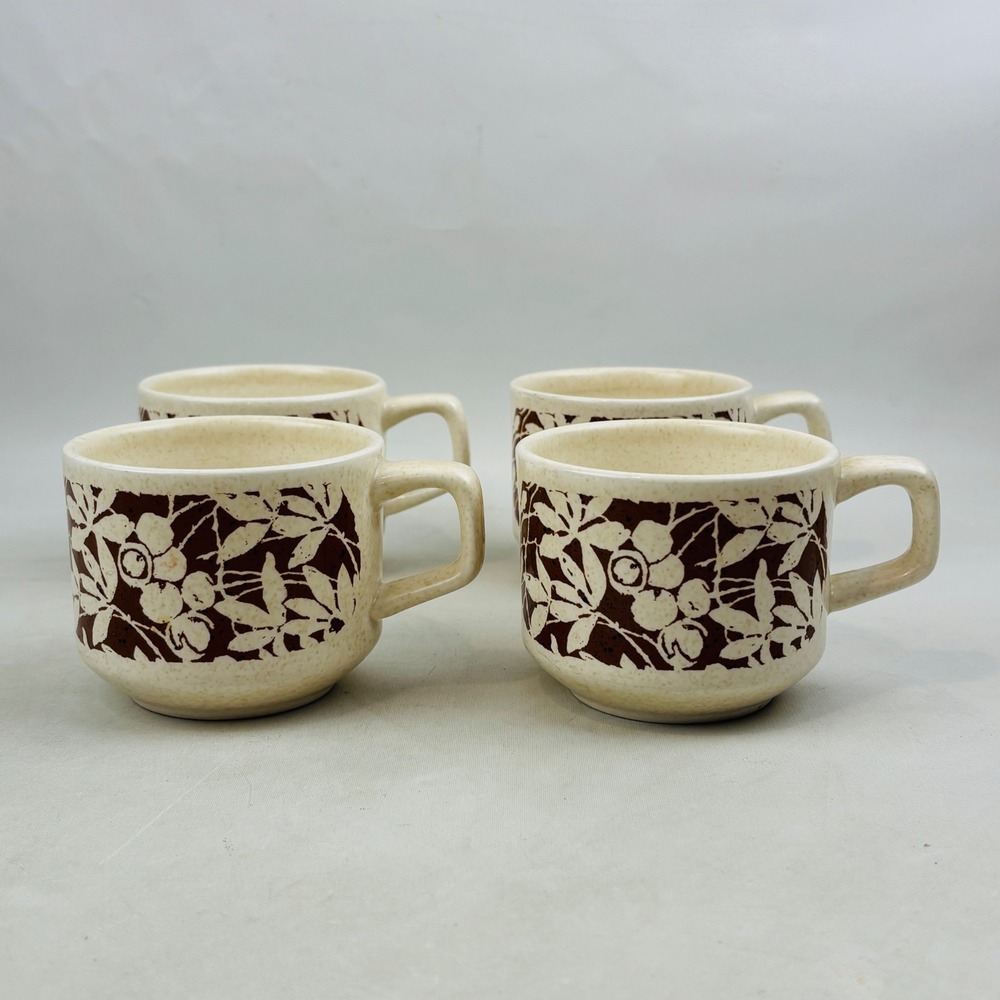 Vintage Lenox Temper-Ware Woodspice Flat Mug Set of‎ 4 Stoneware Floral Brown